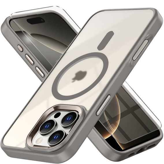 Husă pentru iPhone 16 Pro, pentru MagSafe, ERBORD Matt Case, transparent / titan + sticlă pentru ecran