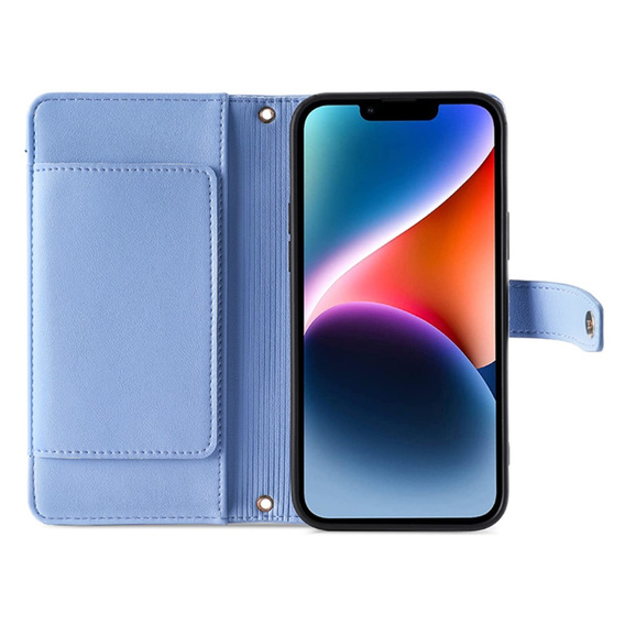 Cu clapetă pentru iPhone 15, Wallet Zipper Pocket, albastru