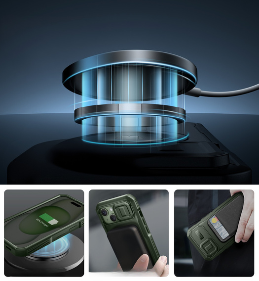 Husă blindată pentru iPhone 15, Dexnor CamProtect MagSafe, verde (Două rame)