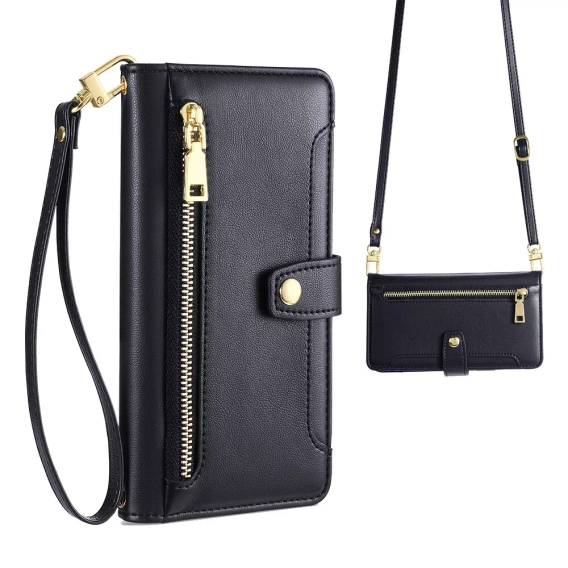 Cu clapetă pentru iPhone 16E, Wallet Zipper Pocket, negru