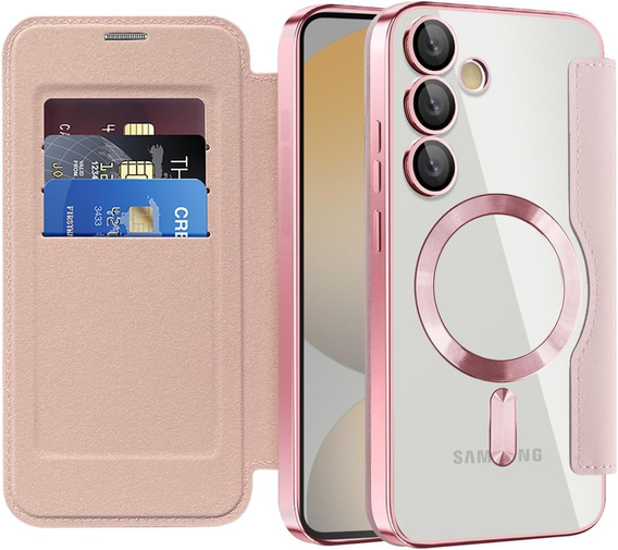 Cu clapetă pentru Samsung Galaxy S25 FE, RFID Wallet MagSafe CamShield, roz