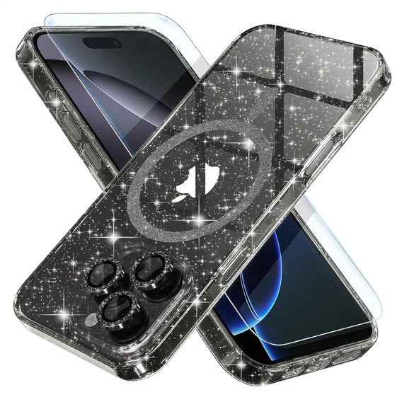 Husă pentru iPhone 16 Pro, ERBORD Glitter MagSafe, negru + Sticlă pentru ecran