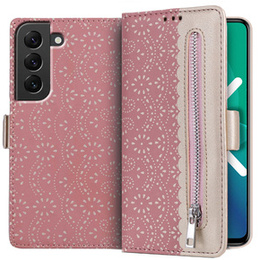 Carcasă cu clapetă pentru Samsung Galaxy S22+ Plus 5G, Wallet Pocket Zipper Lace, roz