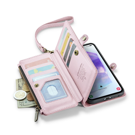 Husă CASEME pentru Samsung Galaxy A55 5G, RFID Leather Wallet, cu curea de umăr, roz