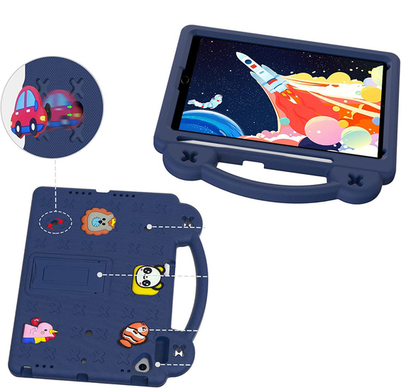 Husă pentru copii pentru iPad 10.2" 2021/2020/2019 (9/8/7 gen.) / Air 10.5" 2019 (3 gen.), Cute Patterns, cu suport, albastru închis