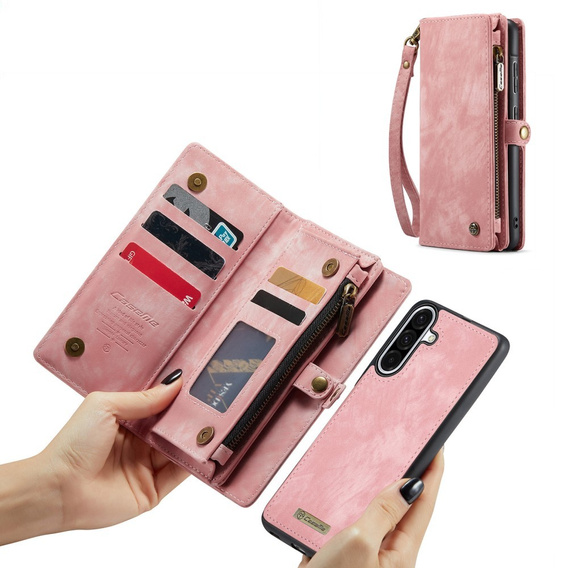 Husă CASEME pentru Samsung Galaxy A56 5G, Retro Leather Wallet, cu curea de umăr, roz