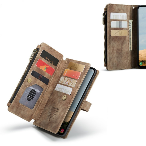 Husa CASEME pentru Samsung Galaxy A56 5G, Leather Wallet Cash and Card Slots, cu curea, maro