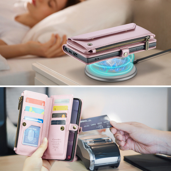 Husă CASEME pentru Samsung Galaxy S25 FE, RFID Leather Wallet, cu curea de umăr, roz