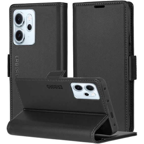 Husă pentru Oppo Reno 14 F / 14 FS, ERBORD Glossy Litchi, portofel cu clapetă, negru
