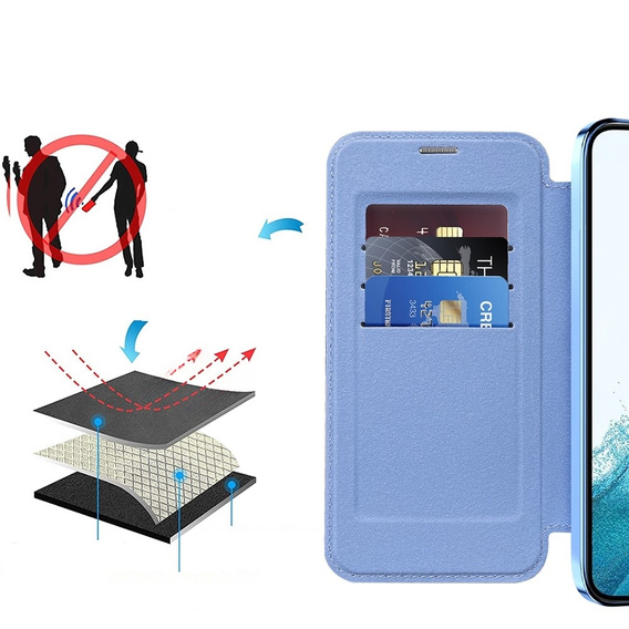 Cu clapetă pentru Samsung Galaxy S22 5G, RFID Wallet MagSafe CamShield, albastru