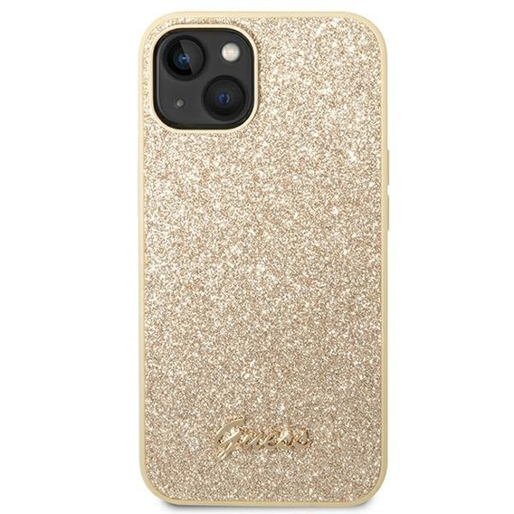 GUESS Huse pentru iPhone 14 Plus, Glitter Script Hardcase, de aur