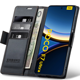 Husă pentru Xiaomi Poco F7 Ultra, ERBORD Glossy Litchi, portofel cu clapetă, negru