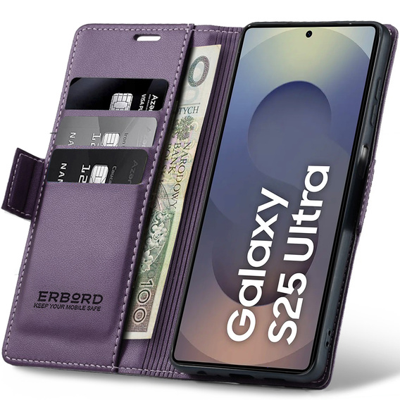 Husă pentru Samsung Galaxy S25 Ultra, ERBORD Glossy Litchi, portofel cu clapetă, violet