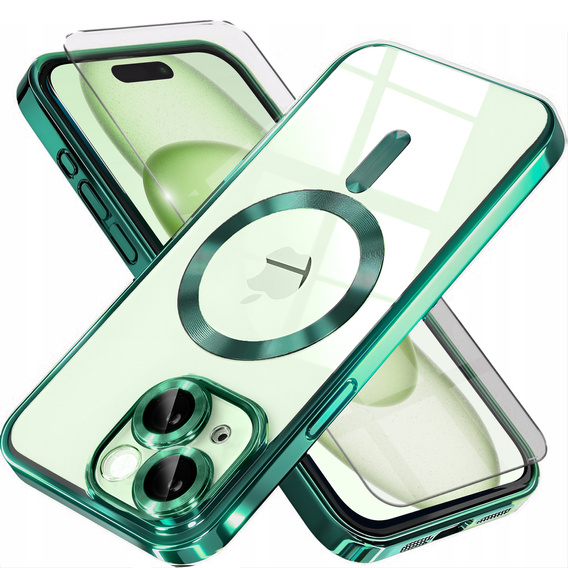 Husă pentru iPhone 15, Electro MagSafe, verde + Sticlă pentru ecran