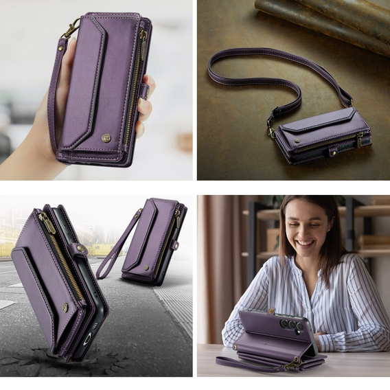 Husă CASEME pentru Samsung Galaxy A55 5G, RFID Leather Wallet, cu curea de umăr, violet