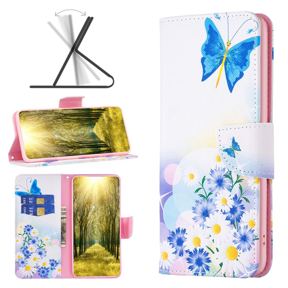 Cu clapetă pentru Xiaomi Redmi 13C / Poco C65, Wallet, butterfly & flowers, alb