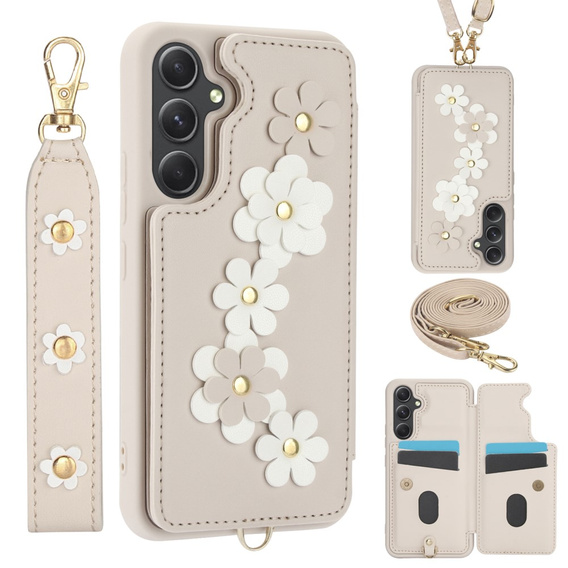 Husa pentru Samsung Galaxy A55 5G, Leather Flower Card Slot, bej