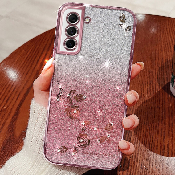 Husă pentru Samsung Galaxy S21 FE, Glitter Flower, roz rose gold