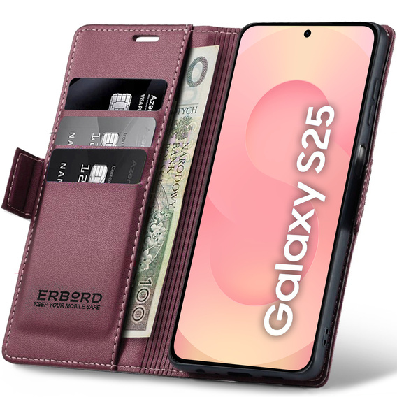 Husă pentru Samsung Galaxy S25, ERBORD Glossy Litchi, portofel cu clapetă, roșu
