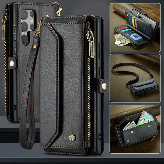 Husă CASEME pentru Samsung Galaxy S25 Ultra, RFID Leather Wallet, cu curea de umăr, negru