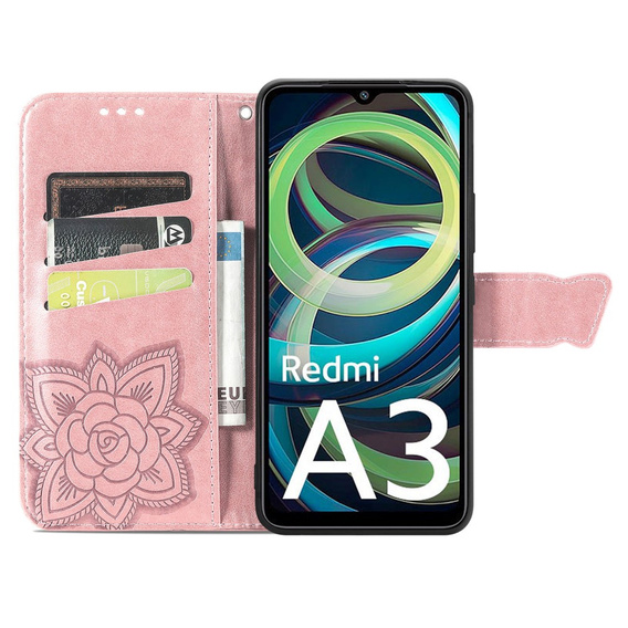 Cu clapetă pentru Xiaomi Redmi A3, Butterfly, roz rose gold