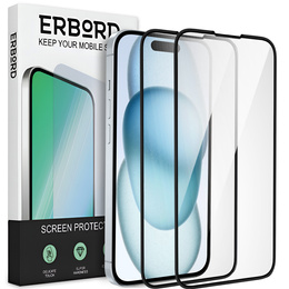 2x sticlă călită pentru iPhone 15, ERBORD 3D pentru întregul display