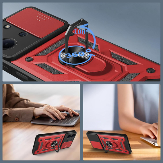 Carcasă blindată pentru Xiaomi Redmi 15C 4G/LTE, cu protecție pentru cameră, cu suport, roșu