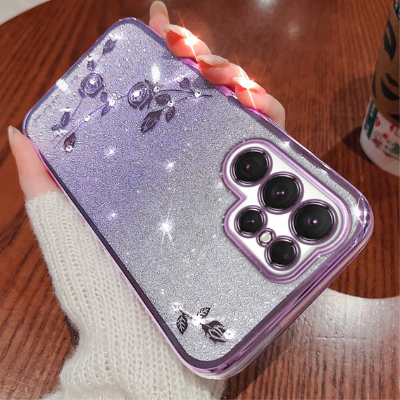 Husă pentru Samsung Galaxy S23 Ultra, Glitter Flower, violet