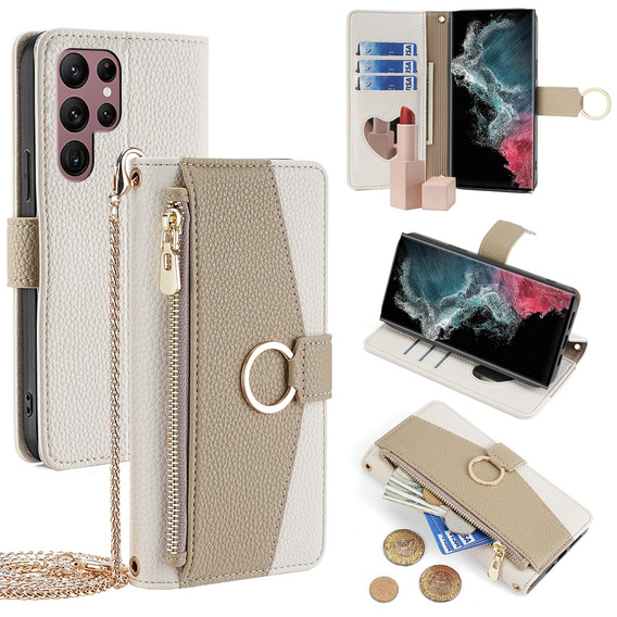 Carcasă flip pentru Samsung Galaxy S22 Ultra, Wallet Zipper Pocket, cu oglindă, alb