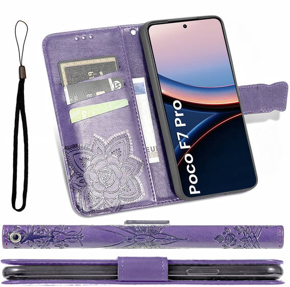 Cu clapetă pentru Xiaomi Poco F7 Pro, Butterfly, violet