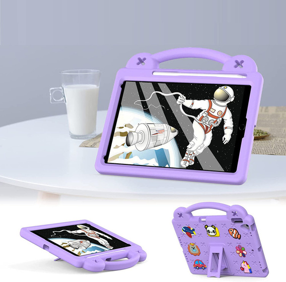 Husă pentru copii pentru iPad 10.2" 2021/2020/2019 (9/8/7 gen.) / Air 10.5" 2019 (3 gen.), Cute Patterns, cu suport, violet
