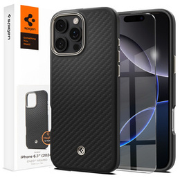 Carcasa Spigen pentru iPhone 16 Pro, Enzo Aramid MagSafe, negru carbon / argintiu + 9H Tempered Glass