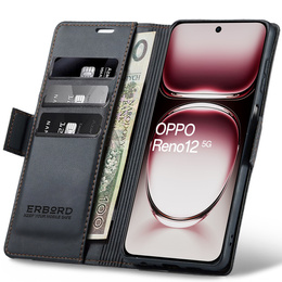 Husă pentru Oppo Reno 12, ERBORD Glossy Litchi, portofel cu clapetă, negru