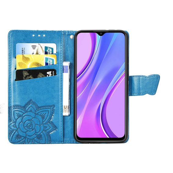Cu clapetă pentru Xiaomi Redmi 9, Butterfly, albastru