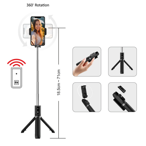 Selfie Stick Coco P-04 cu funcție de trepied și telecomandă Bluetooth, pentru smartphone-uri de la 6,5 cm la 9,5 cm lățime