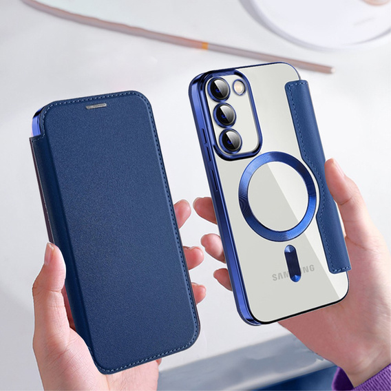 Cu clapetă pentru Samsung Galaxy S23, Wallet, MagSafe, albastru închis