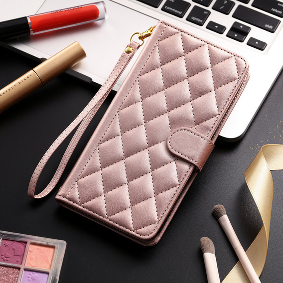 Husă cu clapetă pentru Samsung Galaxy A16, Rhombus Crossbody Leather, roz rose gold