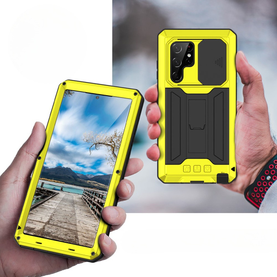 Husă blindată pentru Samsung Galaxy S22 Ultra, R-JUST CamShield Slide, galben