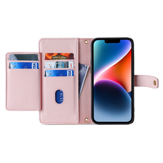 Cu clapetă pentru iPhone 15 Pro Max, Wallet Zipper Pocket, roz