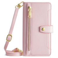 Cu clapetă pentru iPhone 15, Wallet Zipper Pocket, roz