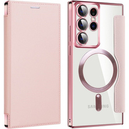 Cu clapetă pentru Samsung Galaxy S22 Ultra 5G, RFID Wallet MagSafe CamShield, roz