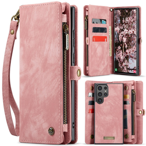 Husă CASEME pentru Samsung Galaxy S25 Ultra, Retro Leather Wallet, cu curea de umăr, roșu