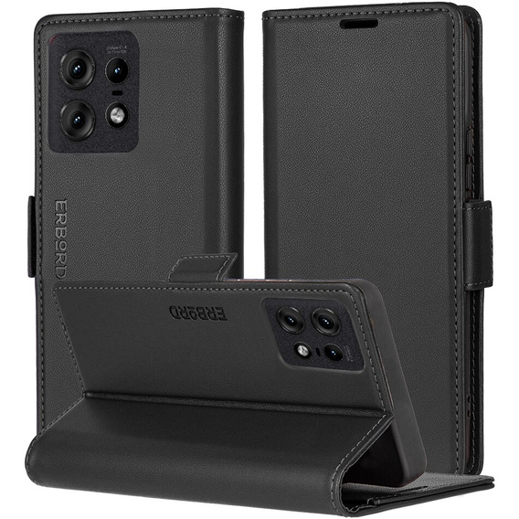Husă pentru Motorola Edge 50 Pro, ERBORD Glossy Litchi, portofel cu clapetă, negru