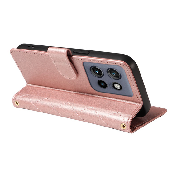 Husă cu clapetă pentru Motorola Edge 50 Neo / Motorola ThinkPhone 25, Rhombus Crossbody Leather, roz rose gold