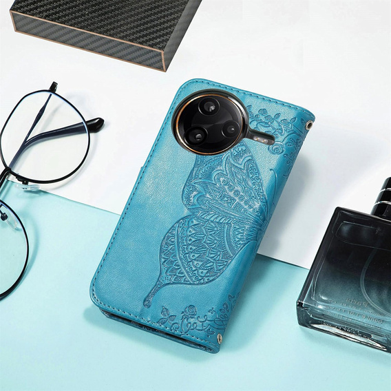 Cu clapetă pentru Xiaomi Poco F7 Pro, Butterfly, albastru