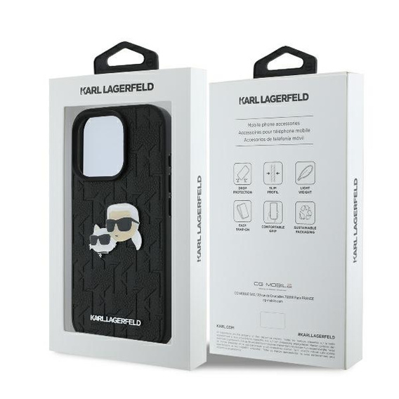 Husă rigidă Karl Lagerfeld Monogram Karl & Choupette Head Pin pentru iPhone 16 Pro