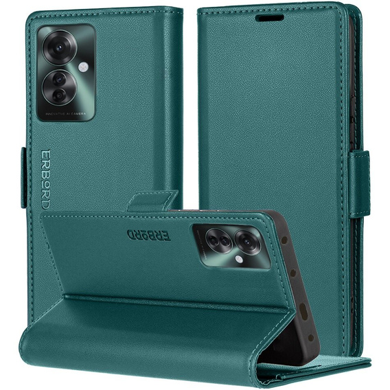 Husă pentru Oppo Reno 11F, ERBORD Glossy Litchi, portofel cu clapetă, verde