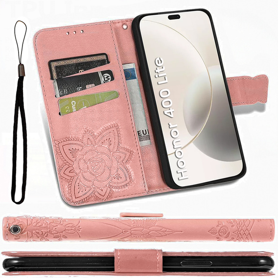 Cu clapetă pentru Honor 400 Lite, Butterfly, roz rose gold