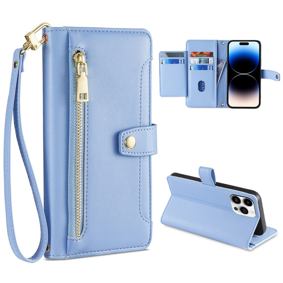 Cu clapetă pentru iPhone 14 Pro, Wallet Zipper Pocket, albastru