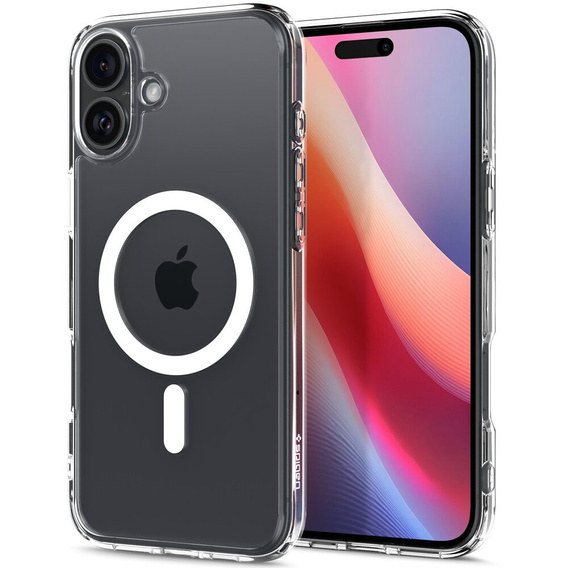 Carcasă MagSafe Spigen pentru iPhone 16 Plus, Ultra Hybrid, transparent / alb + 9H Tempered Glass